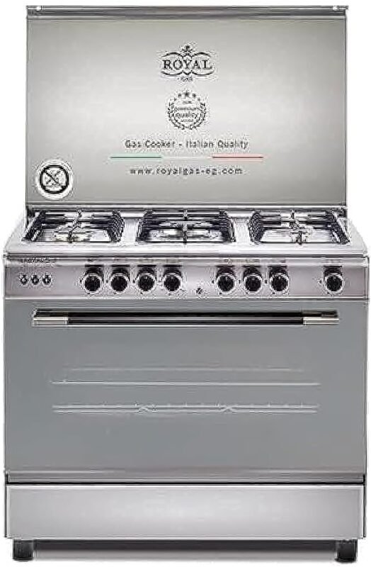 بوتجاز رويال بيرفكت 90 سم، 5 شعلة كاست ديجيتال امان كامل بالمروحة، فضي