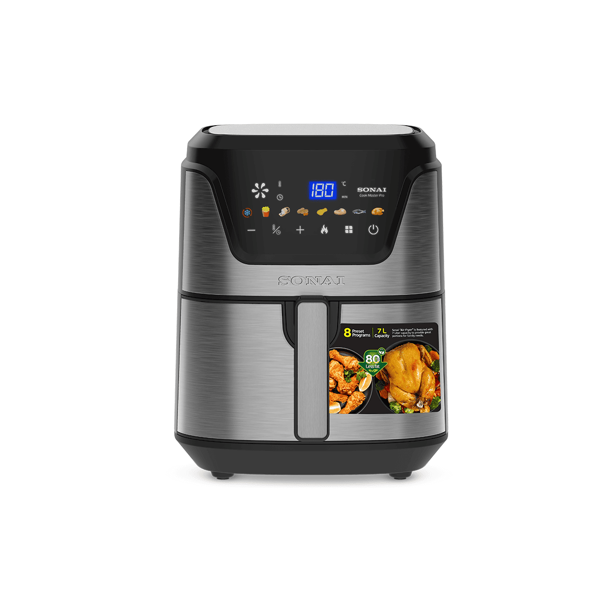Sonai-Digital-Air-Fryer-–-Cook-Master-Pro-–-MAR-711-Silver-Color-2000-Watt-7L-8-Preset-Menus قلاية بدون زيت كوك ماستر برو ديجيتال سوناي 2000 وات 7 لتر فضي وستانلس ستيل - MAR-711 - الصورة 1