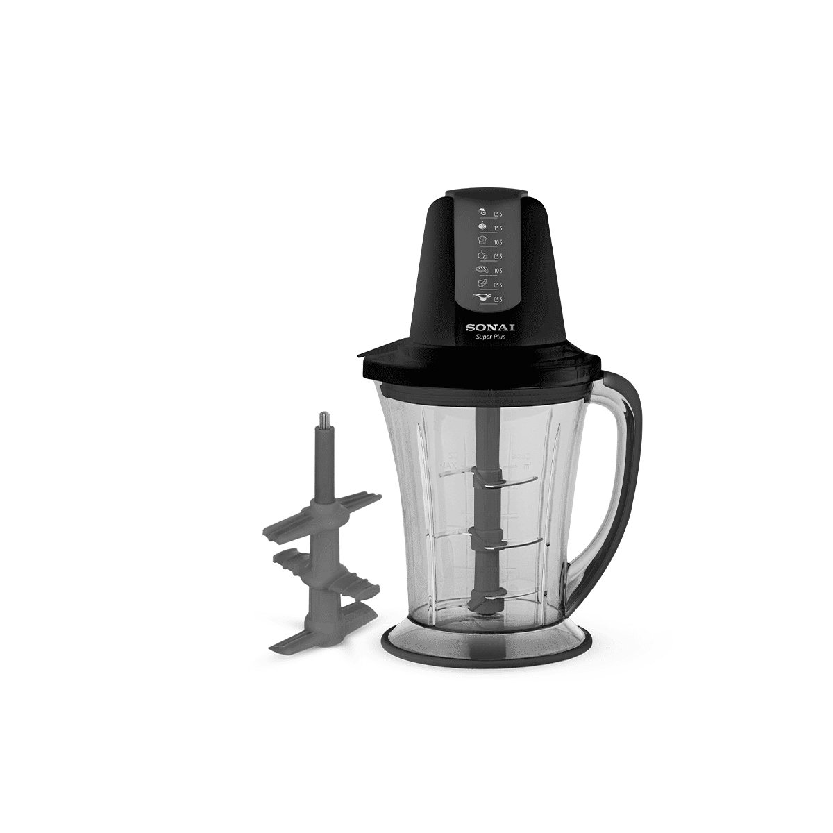 sonai-chopper-super-plus-mar-3077-700-watt-1-5l-6-blades-with-hexa-technology-garlic-peeling-attachment-black قطاعة خضروات سوناي- سوبر بلس – 700 وات، 1.5 لتر، 6 شفرات ,مزودة بقشارة ثوم – اسود، MAR-3077 - الصورة 1